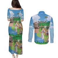 Feliz Dia de Madeira Personalized Couples Matching Puletasi and Long Sleeve Button Shirt Traditional Palheiros Straw-roofed Houses - Wonder Print Shop