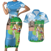 Feliz Dia de Madeira Personalized Couples Matching Short Sleeve Bodycon Dress and Hawaiian Shirt Traditional Palheiros Straw-roofed Houses - Wonder Print Shop