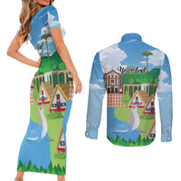Feliz Dia de Madeira Personalized Couples Matching Short Sleeve Bodycon Dress and Long Sleeve Button Shirt Traditional Palheiros Straw-roofed Houses - Wonder Print Shop