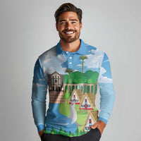 Feliz Dia de Madeira Personalized Long Sleeve Polo Shirt Traditional Palheiros Straw-roofed Houses - Wonder Print Shop