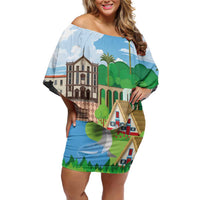 Feliz Dia de Madeira Personalized Off Shoulder Short Dress Traditional Palheiros Straw-roofed Houses - Wonder Print Shop