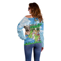 Feliz Dia de Madeira Personalized Off Shoulder Sweater Traditional Palheiros Straw-roofed Houses - Wonder Print Shop