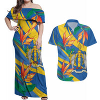 Bird of Paradise Flower Madeira Personalized Couples Matching Off Shoulder Maxi Dress and Hawaiian Shirt - Wonder Print Shop