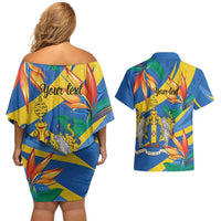 Bird of Paradise Flower Madeira Personalized Couples Matching Off Shoulder Short Dress and Hawaiian Shirt - Wonder Print Shop