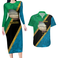 Kilimanjaro Tanzania Couples Matching Long Sleeve Bodycon Dress and Hawaiian Shirt Grunge Flag Map of Tanzania - Wonder Print Shop
