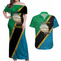 Kilimanjaro Tanzania Couples Matching Off Shoulder Maxi Dress and Hawaiian Shirt Grunge Flag Map of Tanzania - Wonder Print Shop