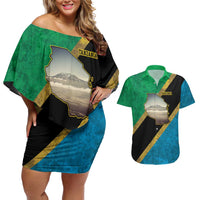 Kilimanjaro Tanzania Couples Matching Off Shoulder Short Dress and Hawaiian Shirt Grunge Flag Map of Tanzania - Wonder Print Shop