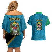 Kilimanjaro Tanzania Couples Matching Off Shoulder Short Dress and Hawaiian Shirt Grunge Flag Map of Tanzania - Wonder Print Shop