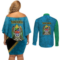Kilimanjaro Tanzania Couples Matching Off Shoulder Short Dress and Long Sleeve Button Shirt Grunge Flag Map of Tanzania - Wonder Print Shop