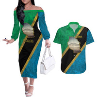 Kilimanjaro Tanzania Couples Matching Off The Shoulder Long Sleeve Dress and Hawaiian Shirt Grunge Flag Map of Tanzania - Wonder Print Shop