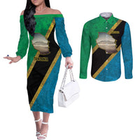 Kilimanjaro Tanzania Couples Matching Off The Shoulder Long Sleeve Dress and Long Sleeve Button Shirt Grunge Flag Map of Tanzania - Wonder Print Shop