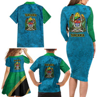 Kilimanjaro Tanzania Family Matching Long Sleeve Bodycon Dress and Hawaiian Shirt Grunge Flag Map of Tanzania - Wonder Print Shop