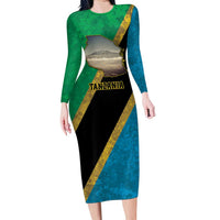 Kilimanjaro Tanzania Family Matching Long Sleeve Bodycon Dress and Hawaiian Shirt Grunge Flag Map of Tanzania - Wonder Print Shop