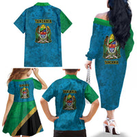 Kilimanjaro Tanzania Family Matching Off The Shoulder Long Sleeve Dress and Hawaiian Shirt Grunge Flag Map of Tanzania - Wonder Print Shop