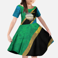 Kilimanjaro Tanzania Family Matching Off Shoulder Maxi Dress and Hawaiian Shirt Grunge Flag Map of Tanzania - Wonder Print Shop