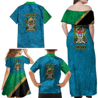 Kilimanjaro Tanzania Family Matching Off Shoulder Maxi Dress and Hawaiian Shirt Grunge Flag Map of Tanzania - Wonder Print Shop