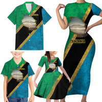 Kilimanjaro Tanzania Family Matching Short Sleeve Bodycon Dress and Hawaiian Shirt Grunge Flag Map of Tanzania - Wonder Print Shop