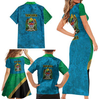 Kilimanjaro Tanzania Family Matching Short Sleeve Bodycon Dress and Hawaiian Shirt Grunge Flag Map of Tanzania - Wonder Print Shop