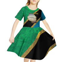 Kilimanjaro Tanzania Kid Short Sleeve Dress Grunge Flag Map of Tanzania - Wonder Print Shop
