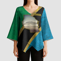 Kilimanjaro Tanzania Kimono Sleeve Blouse Grunge Flag Map of Tanzania - Wonder Print Shop