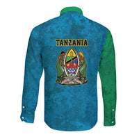 Kilimanjaro Tanzania Long Sleeve Button Shirt Grunge Flag Map of Tanzania - Wonder Print Shop