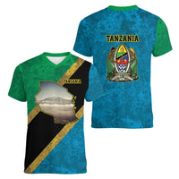 Kilimanjaro Tanzania Women V-Neck T-Shirt Grunge Flag Map of Tanzania - Wonder Print Shop