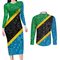 Tanzania 255 Couples Matching Long Sleeve Bodycon Dress and Long Sleeve Button Shirt African Mix Pattern Flag Motif - Wonder Print Shop