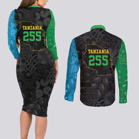 Tanzania 255 Couples Matching Long Sleeve Bodycon Dress and Long Sleeve Button Shirt African Mix Pattern Flag Motif - Wonder Print Shop