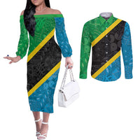 Tanzania 255 Couples Matching Off The Shoulder Long Sleeve Dress and Long Sleeve Button Shirt African Mix Pattern Flag Motif - Wonder Print Shop