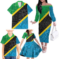 Tanzania 255 Family Matching Off The Shoulder Long Sleeve Dress and Hawaiian Shirt African Mix Pattern Flag Motif - Wonder Print Shop