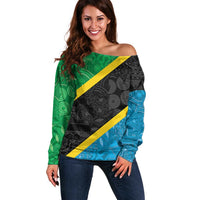 Tanzania 255 Off Shoulder Sweater African Mix Pattern Flag Motif - Wonder Print Shop