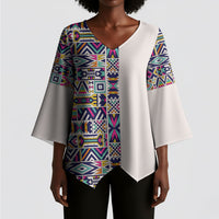 African Ndebele Art Patterns Kimono Sleeve Blouse Beige Half Style