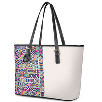 African Ndebele Art Patterns Leather Tote Bag Beige Half Style