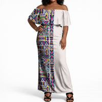 African Ndebele Art Patterns Off Shoulder Maxi Dress Beige Half Style