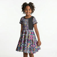 African Ndebele Art Patterns Kid Short Sleeve Dress Black Half Style