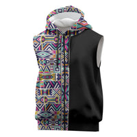 African Ndebele Art Patterns Sleeveless Zip Hoodie Black Half Style