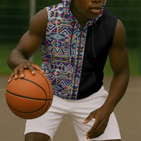 African Ndebele Art Patterns Sleeveless Zip Hoodie Black Half Style