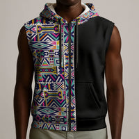 African Ndebele Art Patterns Sleeveless Zip Hoodie Black Half Style