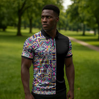 African Ndebele Art Patterns Zipper Polo Shirt Black Half Style