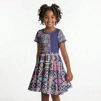 African Ndebele Art Patterns Kid Short Sleeve Dress Navy Blue Half Style