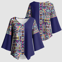 African Ndebele Art Patterns Kimono Sleeve Blouse Navy Blue Half Style