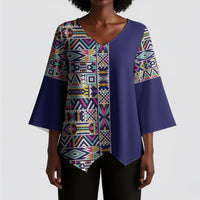 African Ndebele Art Patterns Kimono Sleeve Blouse Navy Blue Half Style