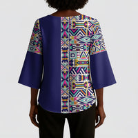 African Ndebele Art Patterns Kimono Sleeve Blouse Navy Blue Half Style