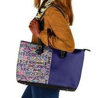 African Ndebele Art Patterns Leather Tote Bag Navy Blue Half Style