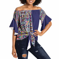 African Ndebele Art Patterns Off Shoulder Wrap Waist Top Navy Blue Half Style