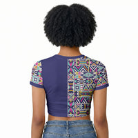 African Ndebele Art Patterns Raglan Cropped T shirt Navy Blue Half Style