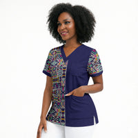 African Ndebele Art Patterns Scrub Top Navy Blue Half Style