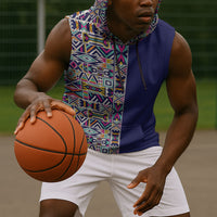 African Ndebele Art Patterns Sleeveless Hoodie Navy Blue Half Style