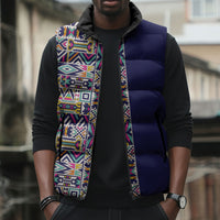 African Ndebele Art Patterns Sleeveless Puffer Jacket Navy Blue Half Style