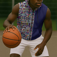 African Ndebele Art Patterns Sleeveless Zip Hoodie Navy Blue Half Style